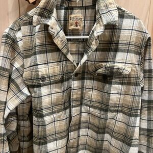 RedHead Brand Co. men's flannel shirt in a beige, green, and black plaid